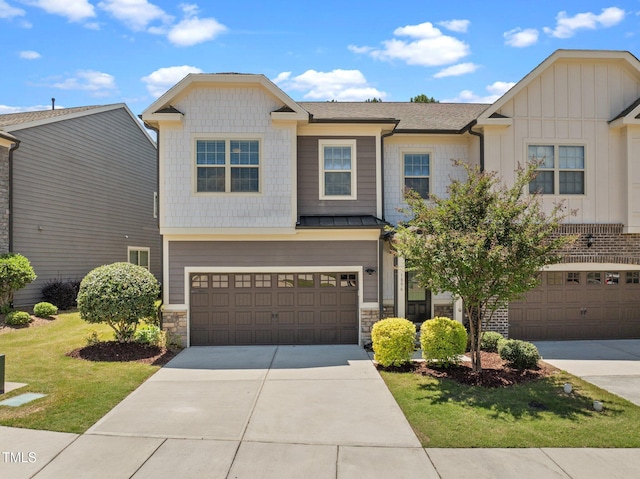 1896 Blue Jay Pt, Apex, NC 27502 - craftsman inspired home featuring an attached garage, driveway, a front lawn, and stone siding