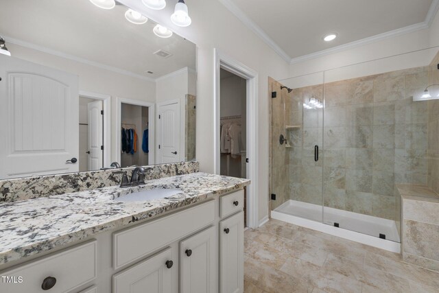 1896 Blue Jay Pt, Apex, NC 27502 - full bathroom with vanity, a spacious closet, a stall shower, and crown molding