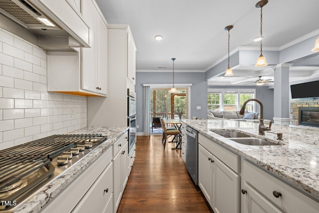 1896 Blue Jay Pt, Apex, NC 27502 - kitchen with a sink, appliances with stainless steel finishes, ceiling fan, premium range hood, and open floor plan