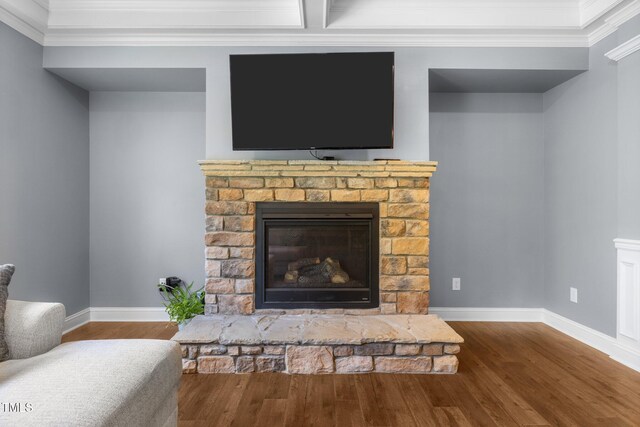 1896 Blue Jay Pt, Apex, NC 27502 - detailed view of a glass covered fireplace, wood finished floors, crown molding, and baseboards