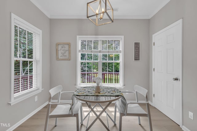 113 Feezor Ct, Clayton, NC 27527 - dining space with light wood-type flooring, plenty of natural light, ornamental molding, and a chandelier