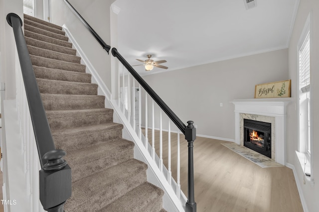 113 Feezor Ct, Clayton, NC 27527 - staircase with wood finished floors, a ceiling fan, a high end fireplace, and ornamental molding
