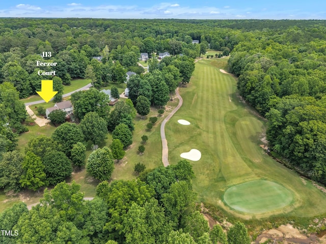 113 Feezor Ct, Clayton, NC 27527 - aerial view of property and surrounding area featuring a golf course and a heavily wooded area