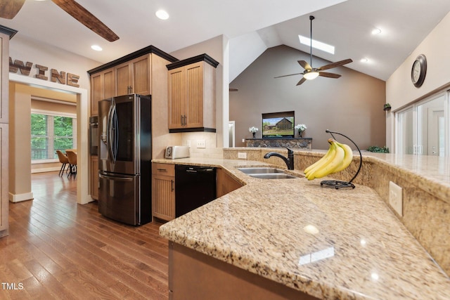 31 River View Ct, Timberlake, NC 27583 - kitchen featuring stainless steel refrigerator with ice dispenser, black dishwasher, a sink, a ceiling fan, and light stone counters