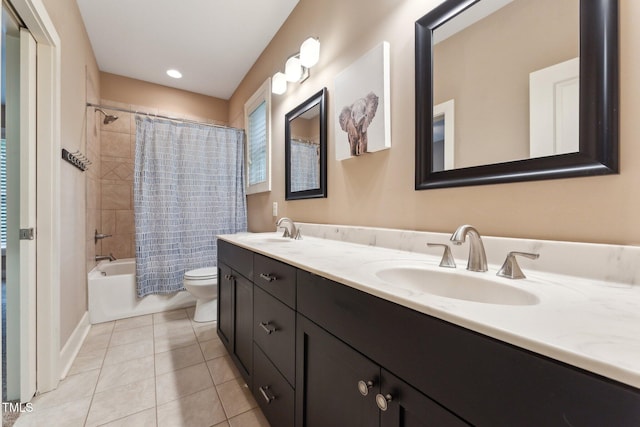31 River View Ct, Timberlake, NC 27583 - full bath with toilet, shower / bath combo with shower curtain, double vanity, and tile patterned flooring