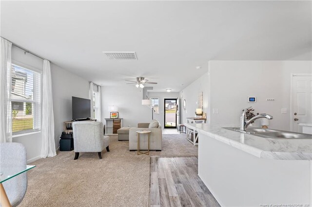 905 Sapphire Stone Ln, Hope Mills, NC 28348 - living area featuring healthy amount of natural light, ceiling fan, and light colored carpet