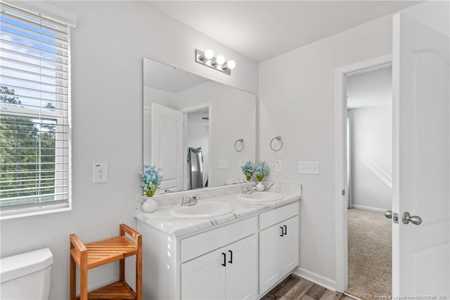 905 Sapphire Stone Ln, Hope Mills, NC 28348 - bathroom featuring double vanity, healthy amount of natural light, toilet, and baseboards