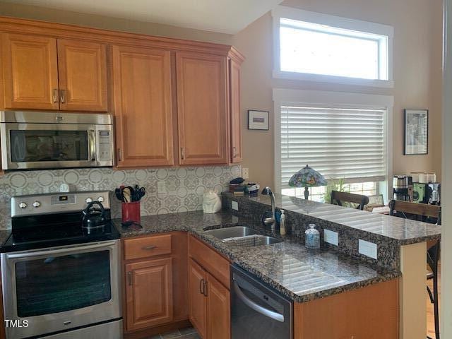 49412 River Run Rd, Albemarle, NC 28001 - kitchen featuring stainless steel appliances, a sink, a peninsula, and backsplash