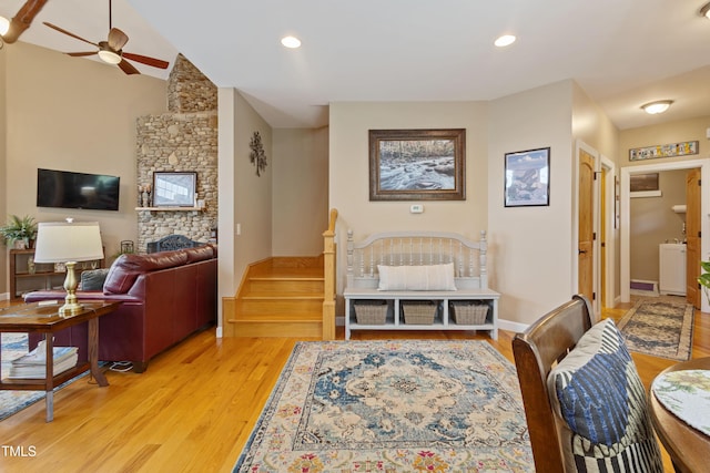 49412 River Run Rd, Albemarle, NC 28001 - living room with light wood finished floors, a ceiling fan, baseboards, recessed lighting, and vaulted ceiling