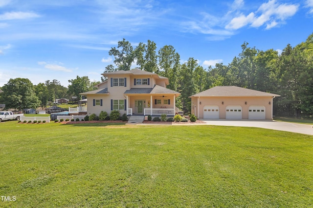 49412 River Run Rd, Albemarle, NC 28001 - view of front of home with a porch, a detached garage, and a front lawn