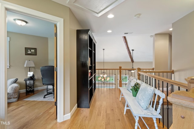 49412 River Run Rd, Albemarle, NC 28001 - hallway featuring light wood-type flooring, baseboards, a desk, and recessed lighting