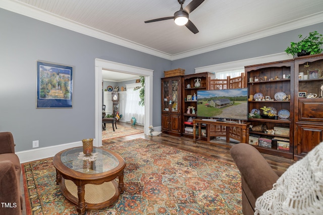 2646 Laurel Mill-Centerville Rd, Louisburg, NC 27549 - living room featuring a ceiling fan, healthy amount of natural light, baseboards, wood finished floors, and ornamental molding