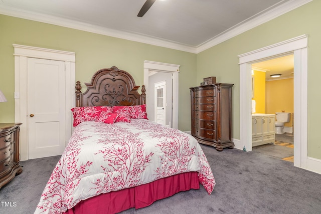 2646 Laurel Mill-Centerville Rd, Louisburg, NC 27549 - carpeted bedroom with crown molding, connected bathroom, and ceiling fan