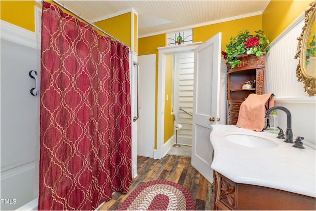 2646 Laurel Mill-Centerville Rd, Louisburg, NC 27549 - bathroom with vanity, wood finished floors, a shower with shower curtain, and crown molding