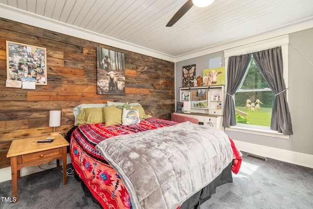 2646 Laurel Mill-Centerville Rd, Louisburg, NC 27549 - bedroom featuring carpet floors, wood walls, baseboards, wood ceiling, and ceiling fan