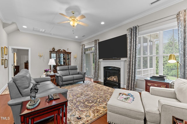1012 Autumn Meadow Ln, Wake Forest, NC 27587 - living area featuring wood finished floors, plenty of natural light, ceiling fan, a glass covered fireplace, and recessed lighting