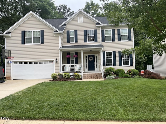 201 Forbes Rd, Wake Forest, NC 27587 - view of front of home featuring a porch, a garage, driveway, a front yard, and roof with shingles
