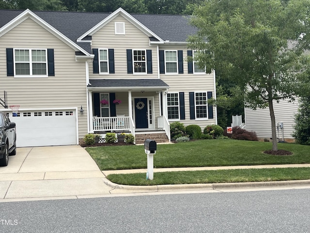 201 Forbes Rd, Wake Forest, NC 27587 - traditional-style house featuring covered porch, a garage, driveway, a front lawn, and roof with shingles