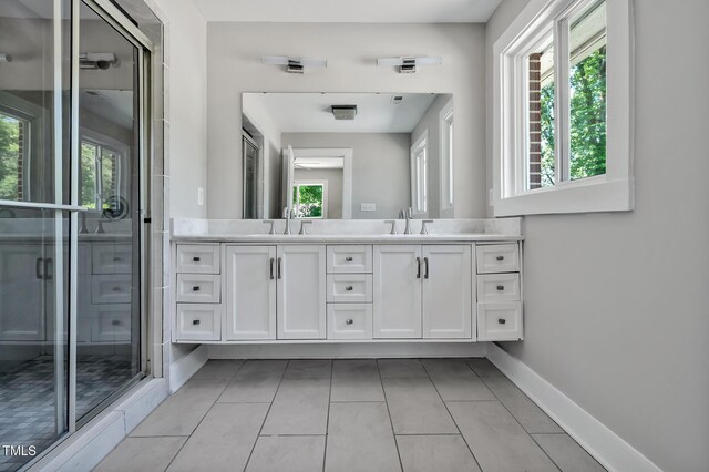112 S Joyland St, Durham, NC 27703 - bathroom with double vanity, healthy amount of natural light, a stall shower, and tile patterned flooring