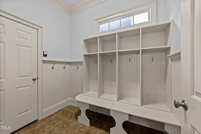 1711 Happiness Hill Ln, Raleigh, NC 27614 - mudroom featuring ornamental molding and dark tile patterned floors