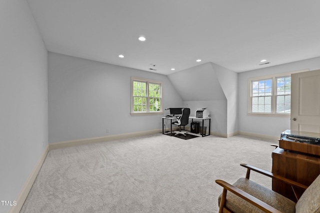 1711 Happiness Hill Ln, Raleigh, NC 27614 - sitting room with carpet, a desk, baseboards, recessed lighting, and vaulted ceiling
