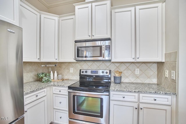 808 Historian St, Raleigh, NC 27603 - kitchen with stainless steel appliances, tasteful backsplash, white cabinetry, light stone countertops, and ornamental molding