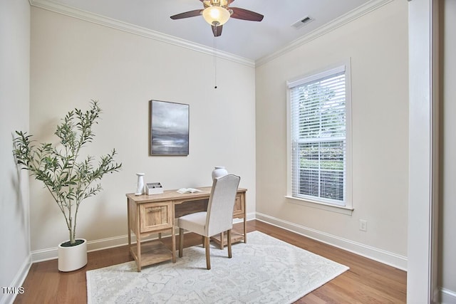 808 Historian St, Raleigh, NC 27603 - home office with wood finished floors, ornamental molding, and ceiling fan