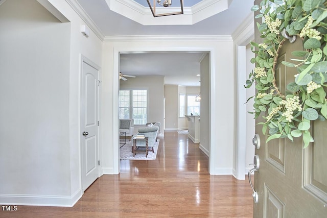 808 Historian St, Raleigh, NC 27603 - foyer entrance featuring wood finished floors, a ceiling fan, crown molding, and a chandelier