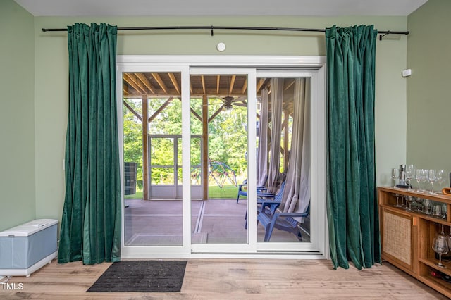 386 Monteith Dr, Chapel Hill, NC 27516 - doorway featuring wood finished floors and ceiling fan