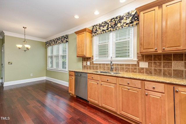 2201 Karns Pl, Raleigh, NC 27614 - kitchen with dishwasher, a chandelier, crown molding, dark wood-type flooring, and backsplash