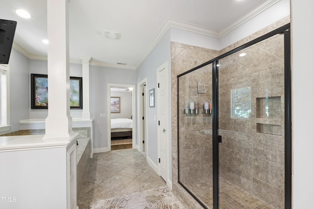101 Eden Glen Dr, Holly Springs, NC 27540 - ensuite bathroom featuring decorative columns, a stall shower, ornamental molding, baseboards, and recessed lighting
