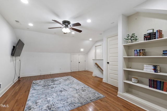 101 Eden Glen Dr, Holly Springs, NC 27540 - bonus room with ceiling fan, lofted ceiling, wood finished floors, baseboards, and recessed lighting