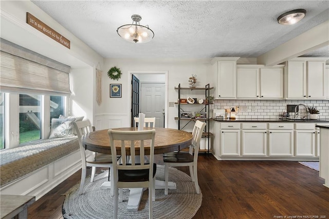 101 Quiet Cv, Raeford, NC 28376 - dining space featuring a chandelier, dark wood-type flooring, a textured ceiling, and wainscoting