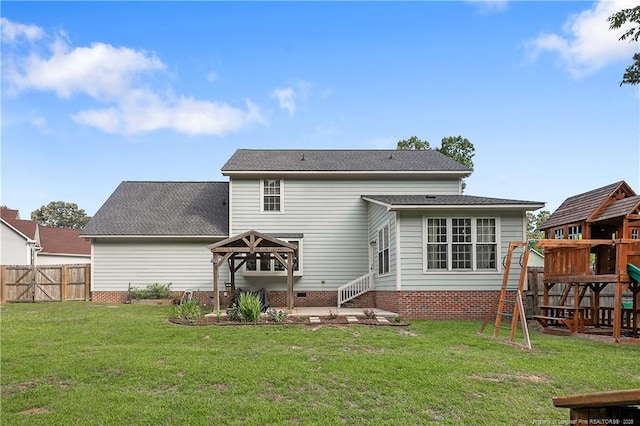 101 Quiet Cv, Raeford, NC 28376 - rear view of house with a gazebo, a playground, a patio area, roof with shingles, and crawl space