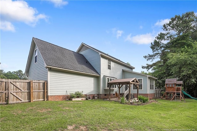 101 Quiet Cv, Raeford, NC 28376 - rear view of property featuring a playground, a shingled roof, a gazebo, and crawl space