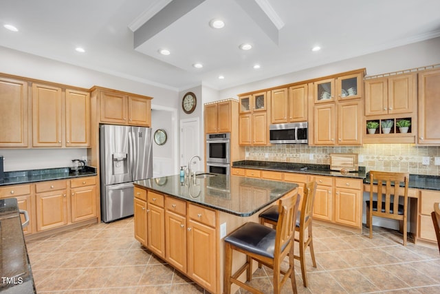 12140 Pawleys Mill Cir, Raleigh, NC 27614 - kitchen with appliances with stainless steel finishes, crown molding, a sink, a breakfast bar, and backsplash