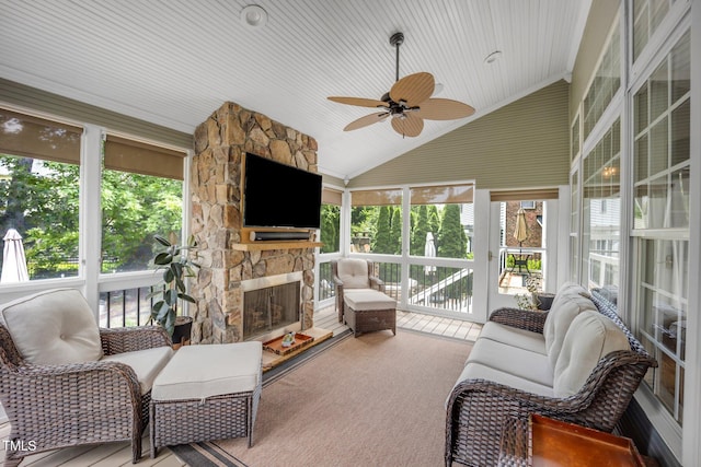 12140 Pawleys Mill Cir, Raleigh, NC 27614 - sunroom / solarium with a ceiling fan, lofted ceiling, and an outdoor living space with a fireplace