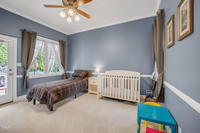 12140 Pawleys Mill Cir, Raleigh, NC 27614 - bedroom featuring ornamental molding, carpet, baseboards, a ceiling fan, and access to outside