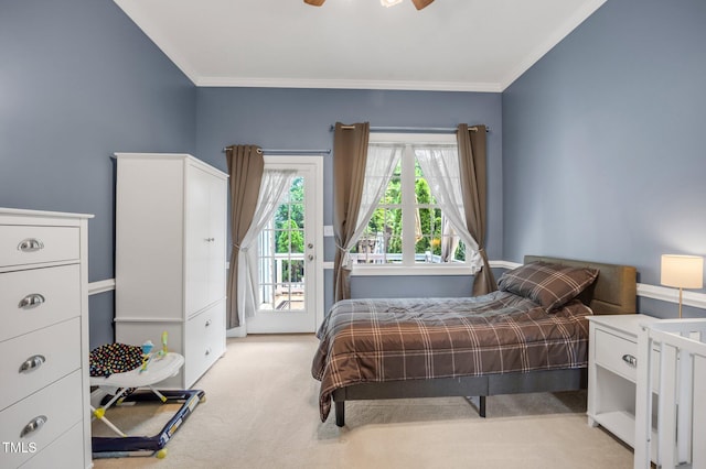 12140 Pawleys Mill Cir, Raleigh, NC 27614 - bedroom featuring access to exterior, carpet, ornamental molding, and a ceiling fan
