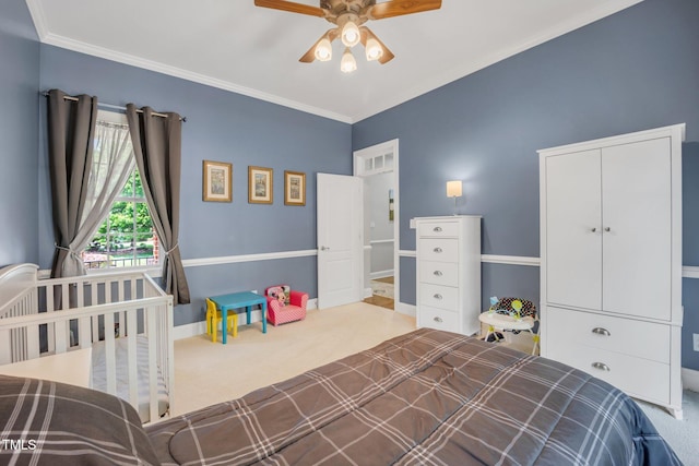 12140 Pawleys Mill Cir, Raleigh, NC 27614 - bedroom featuring carpet floors, crown molding, and ceiling fan