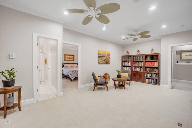 12140 Pawleys Mill Cir, Raleigh, NC 27614 - living area featuring a ceiling fan, light colored carpet, recessed lighting, ornamental molding, and baseboards