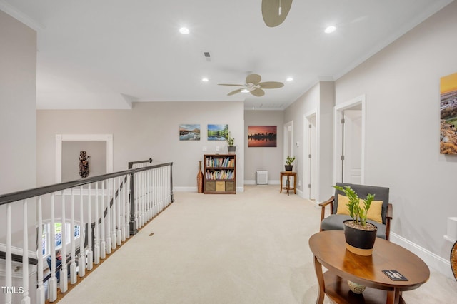 12140 Pawleys Mill Cir, Raleigh, NC 27614 - hallway with recessed lighting, baseboards, carpet floors, and ornamental molding