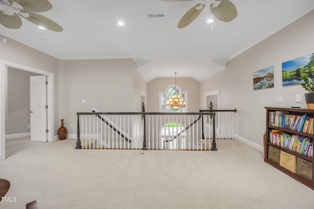 12140 Pawleys Mill Cir, Raleigh, NC 27614 - hall with an upstairs landing, a chandelier, carpet floors, recessed lighting, and crown molding