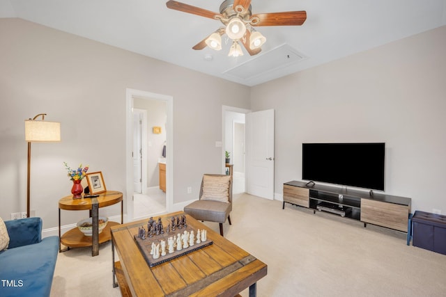 12140 Pawleys Mill Cir, Raleigh, NC 27614 - living area with a ceiling fan, light carpet, and attic access