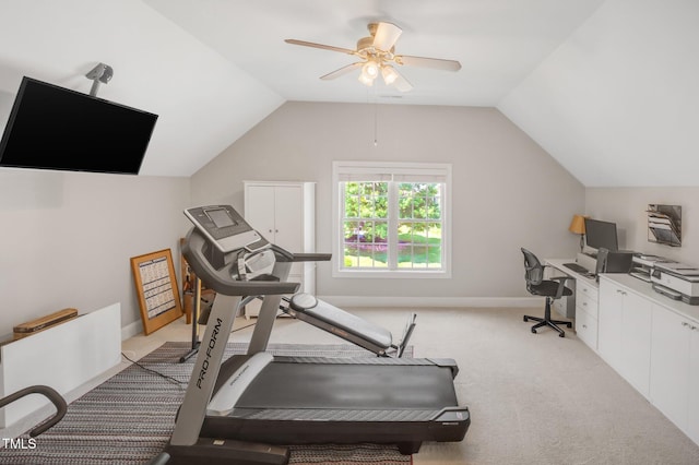 12140 Pawleys Mill Cir, Raleigh, NC 27614 - workout area with light colored carpet, vaulted ceiling, ceiling fan, and baseboards