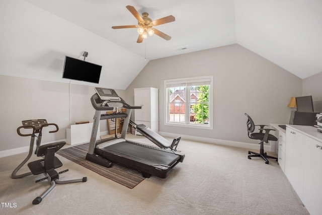 12140 Pawleys Mill Cir, Raleigh, NC 27614 - workout area with light colored carpet, vaulted ceiling, a ceiling fan, and baseboards