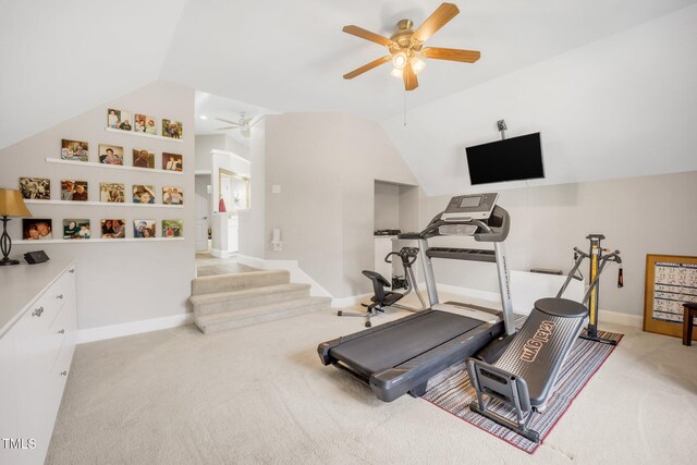 12140 Pawleys Mill Cir, Raleigh, NC 27614 - workout area with a ceiling fan, lofted ceiling, carpet flooring, and baseboards