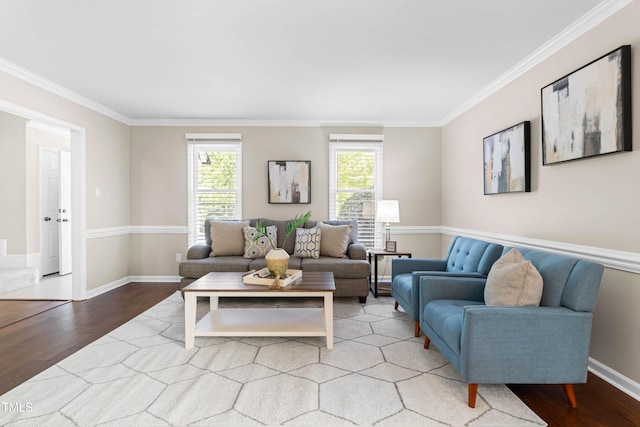 6104 New Market Way, Raleigh, NC 27609 - living area featuring plenty of natural light, light wood-style flooring, crown molding, and baseboards
