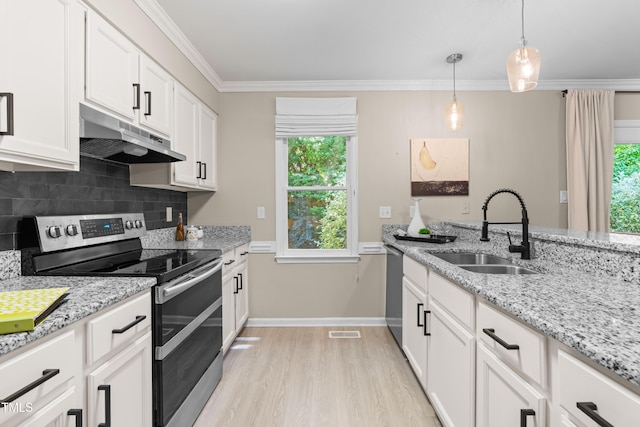 6104 New Market Way, Raleigh, NC 27609 - kitchen with appliances with stainless steel finishes, a sink, under cabinet range hood, light wood-style floors, and backsplash