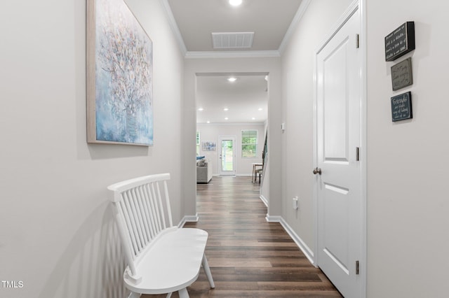 1615 Emory Ridge Way, Wake Forest, NC 27587 - hall with crown molding, dark wood finished floors, recessed lighting, and baseboards